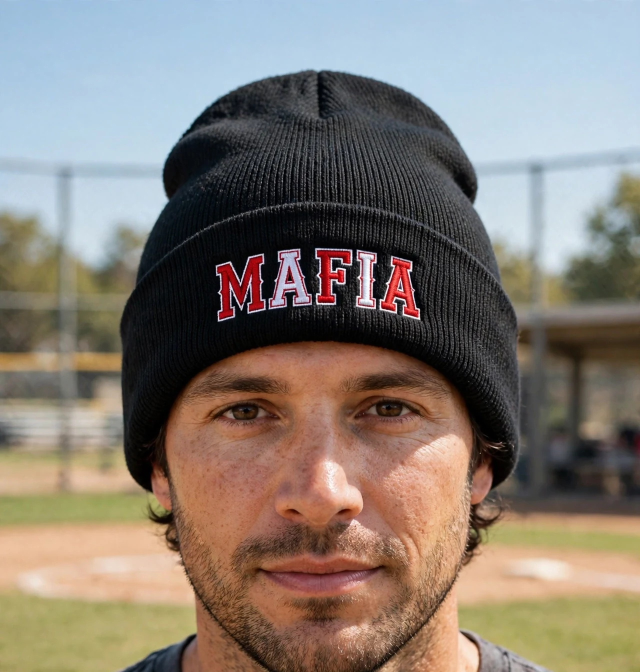 Adult fan wearing the black Mafia cuffed beanie with the red embroidered Old English M at a chilly morning ballfield