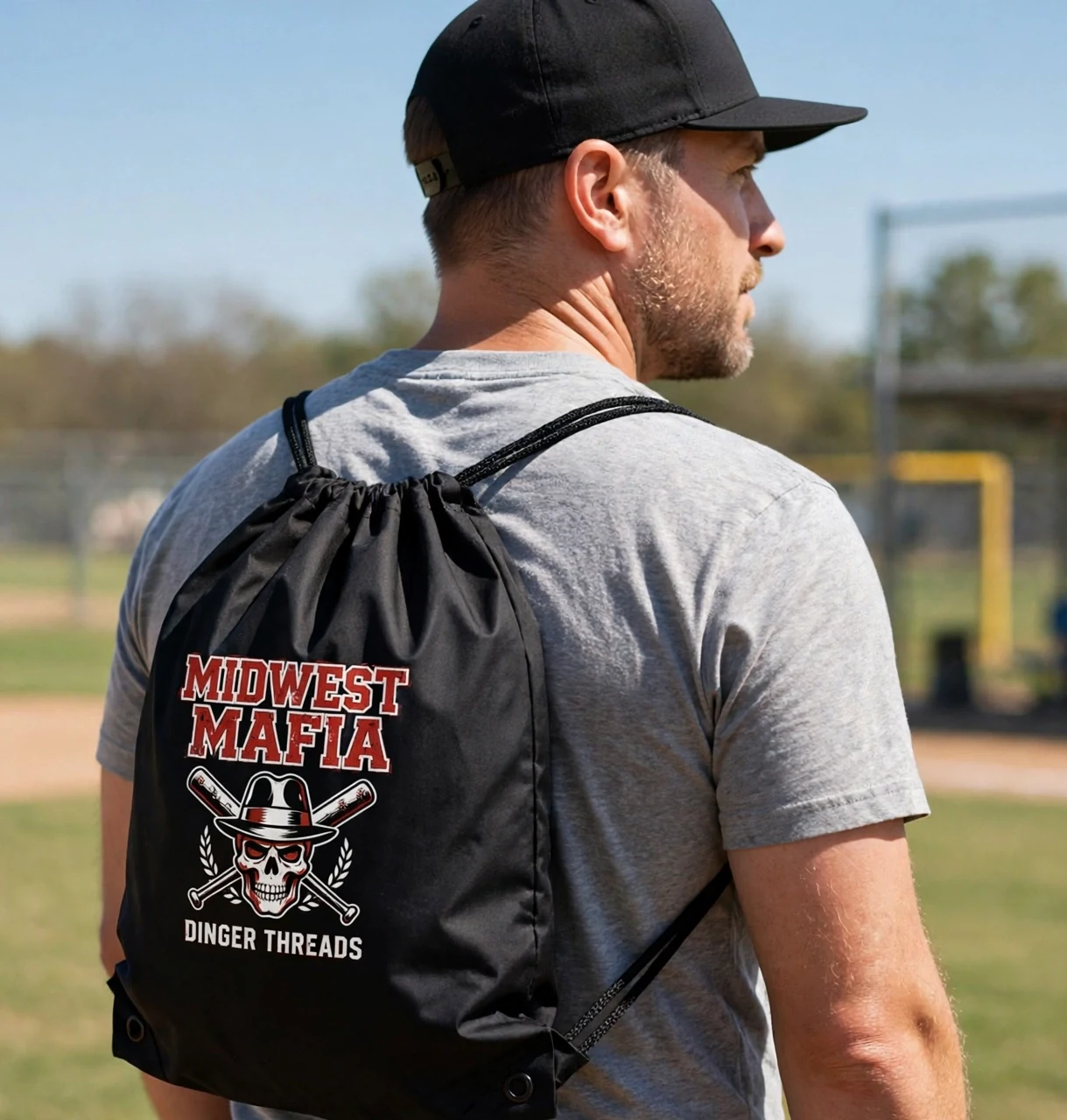 Adult softball fan wearing the black Midwest Mafia drawstring bag at the ballfield