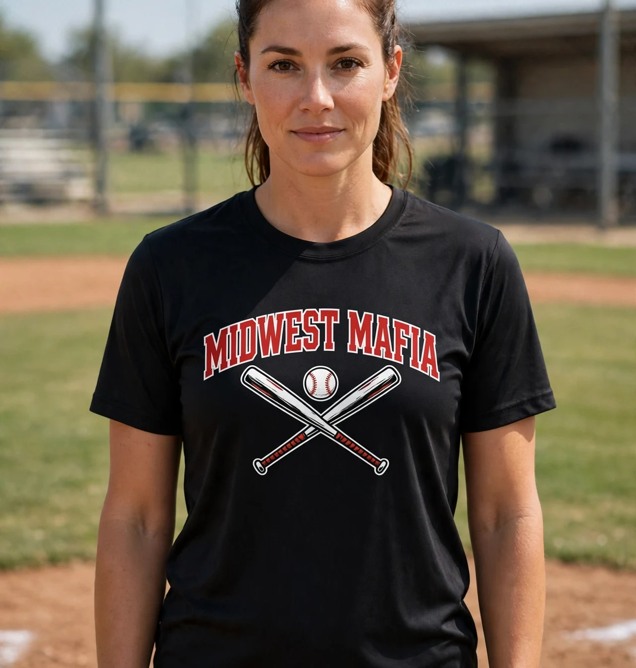 Adult softball coach wearing the red Midwest Mafia dry-fit tee with the Old English M chest mark in the dugout