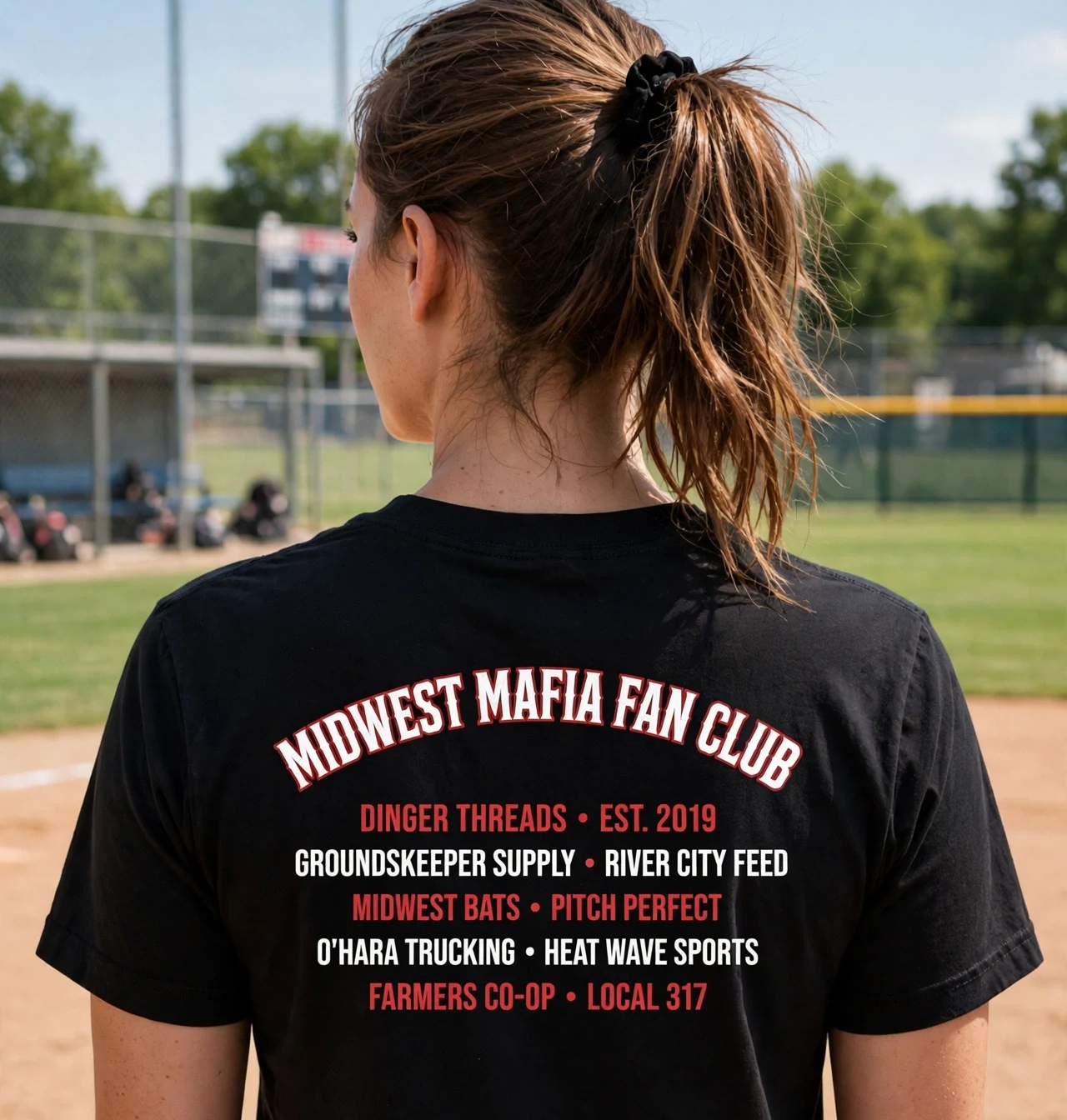 Adult softball fan wearing the black Midwest Mafia Fan Club tee showing the sponsor back layout at the ballfield