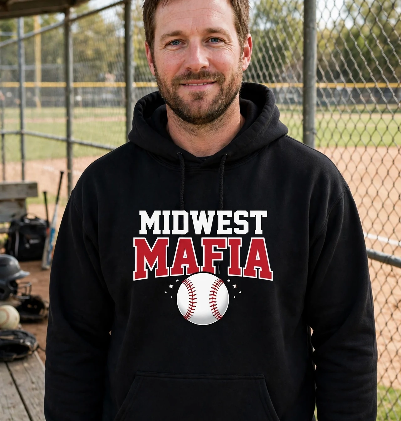 Adult fan wearing the black Midwest Mafia pullover hoodie with the distressed M print under the ballpark lights