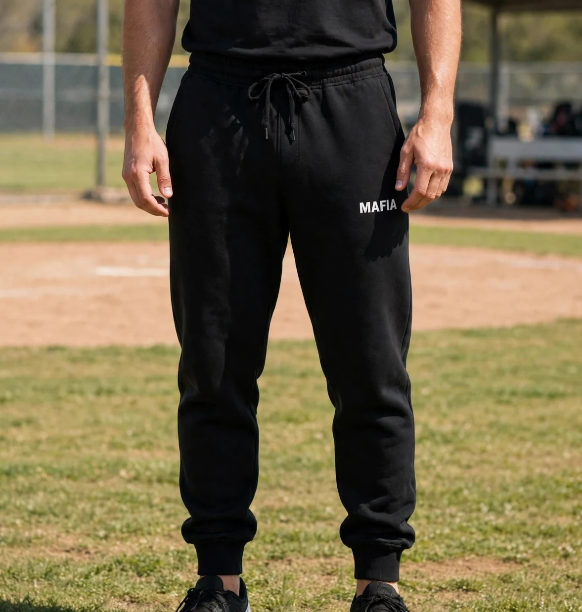 Adult fan wearing the black Mafia joggers with the white Old English M on the thigh, walking at the ballfield
