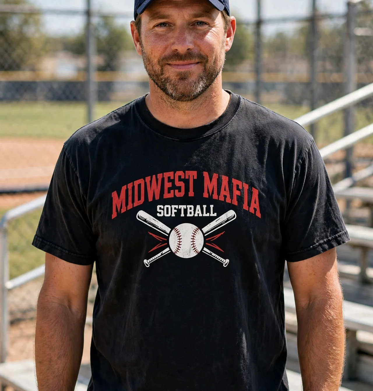 Adult softball fan wearing the black Midwest Mafia athletic cotton tee at the ballfield