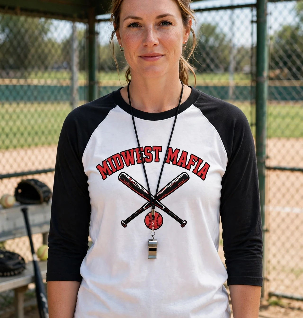 Adult softball fan wearing the white and black Midwest Mafia raglan 3/4 tee at the ballfield