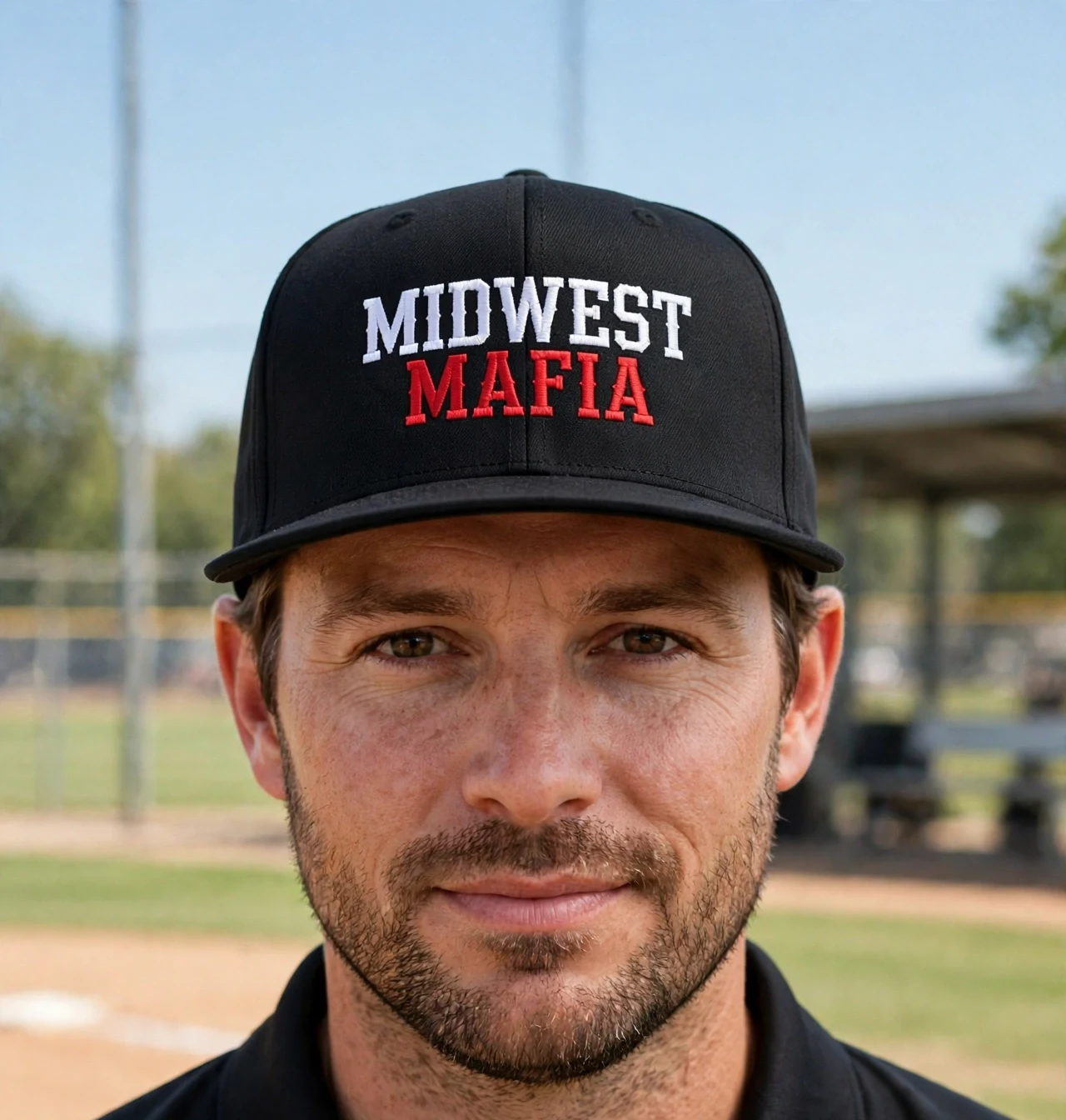 Adult fan wearing the black Mafia flat-brim snapback cap with the red embroidered Old English M under the ballpark lights