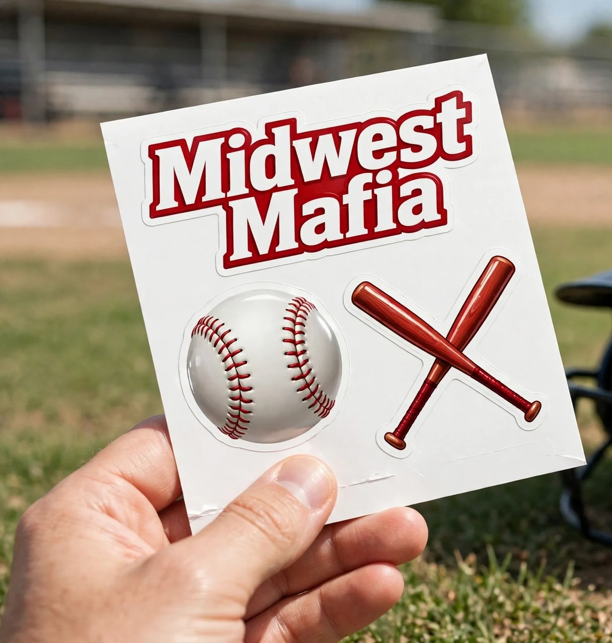 Adult softball fan holding the Midwest Mafia sticker pack next to a batting helmet at the ballfield