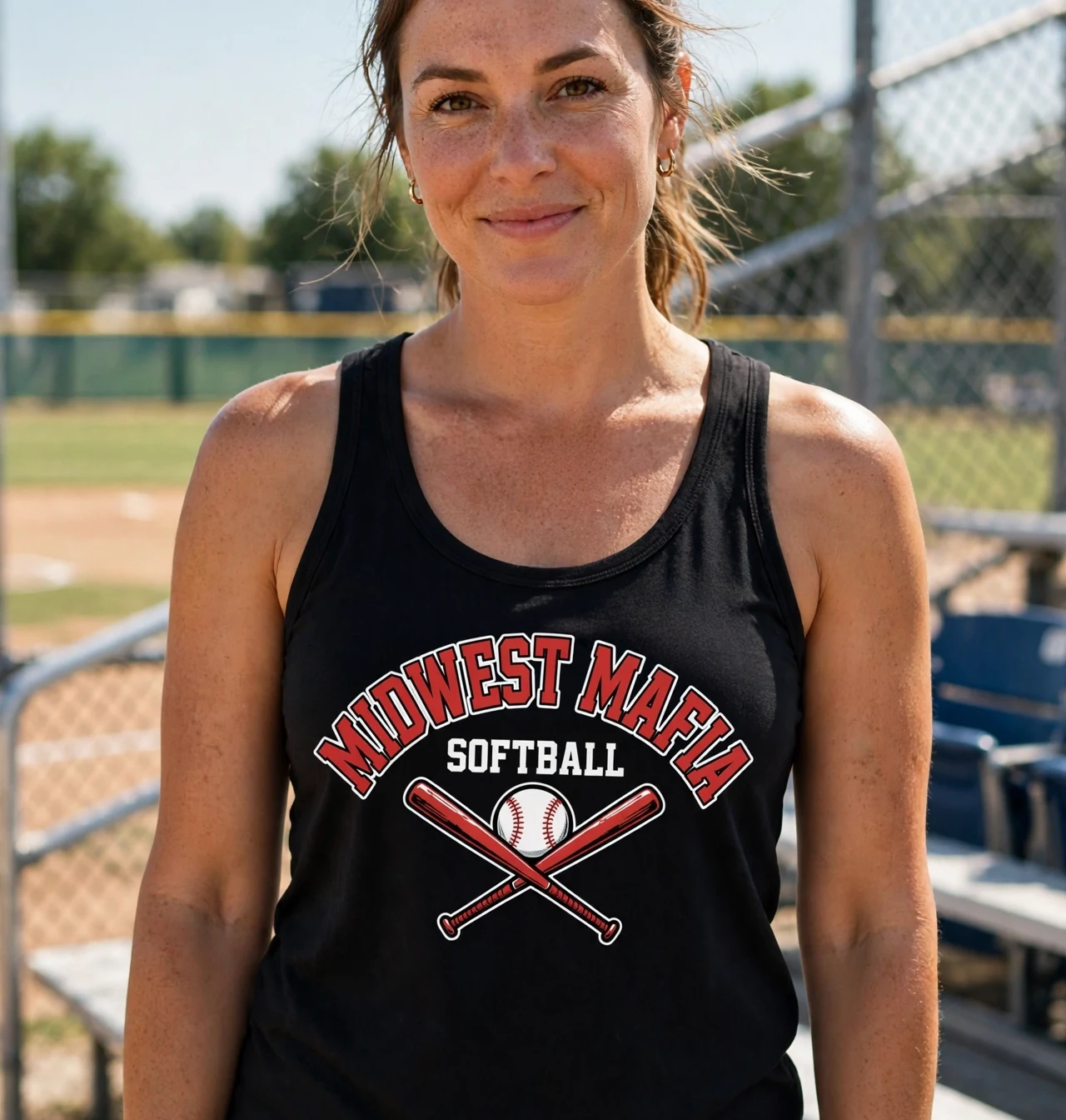 Adult softball fan wearing the black Mafia racerback tank with the red Old English M at the ballfield