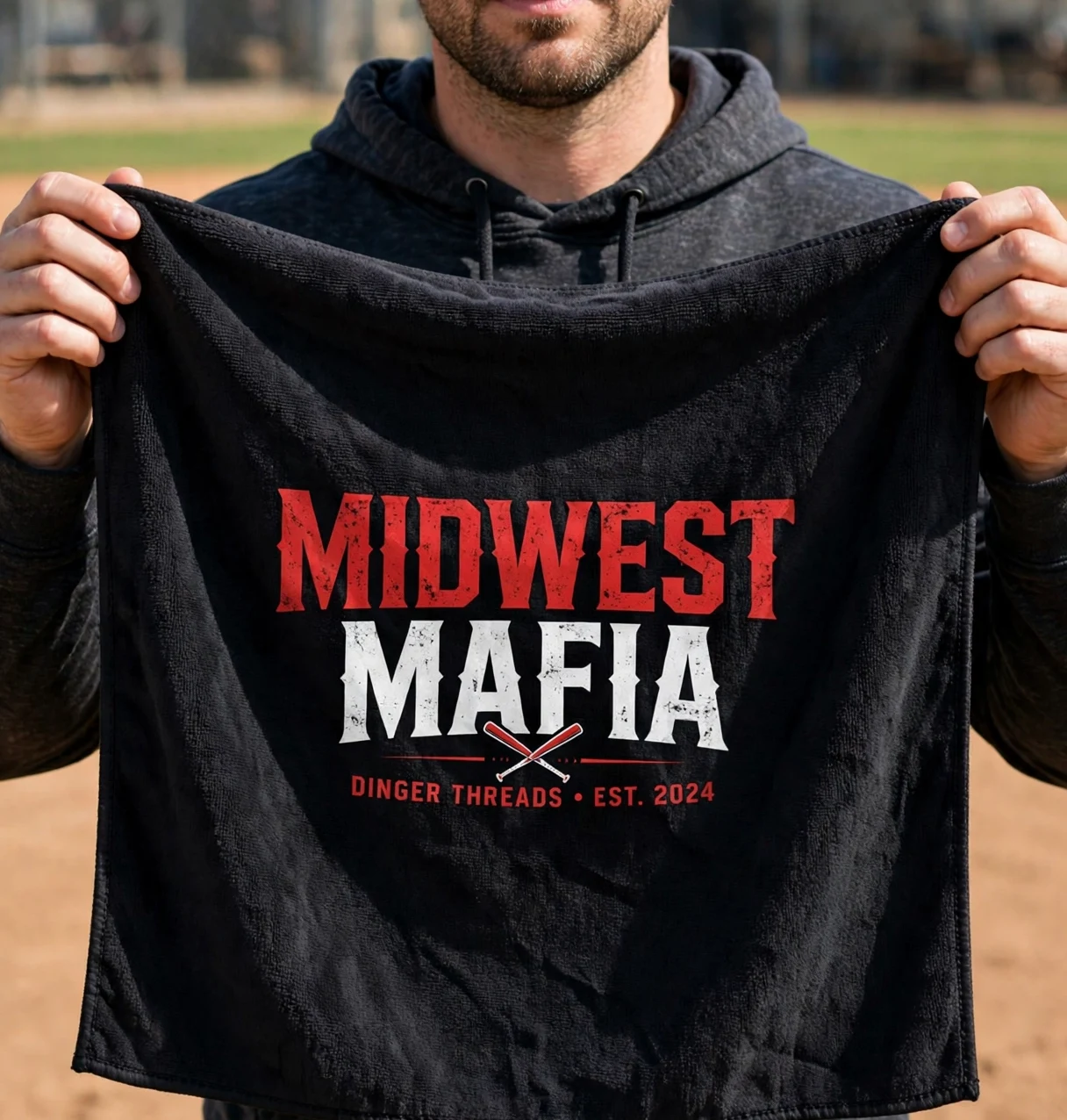 Adult softball fan holding the black Midwest Mafia rally towel at the ballfield